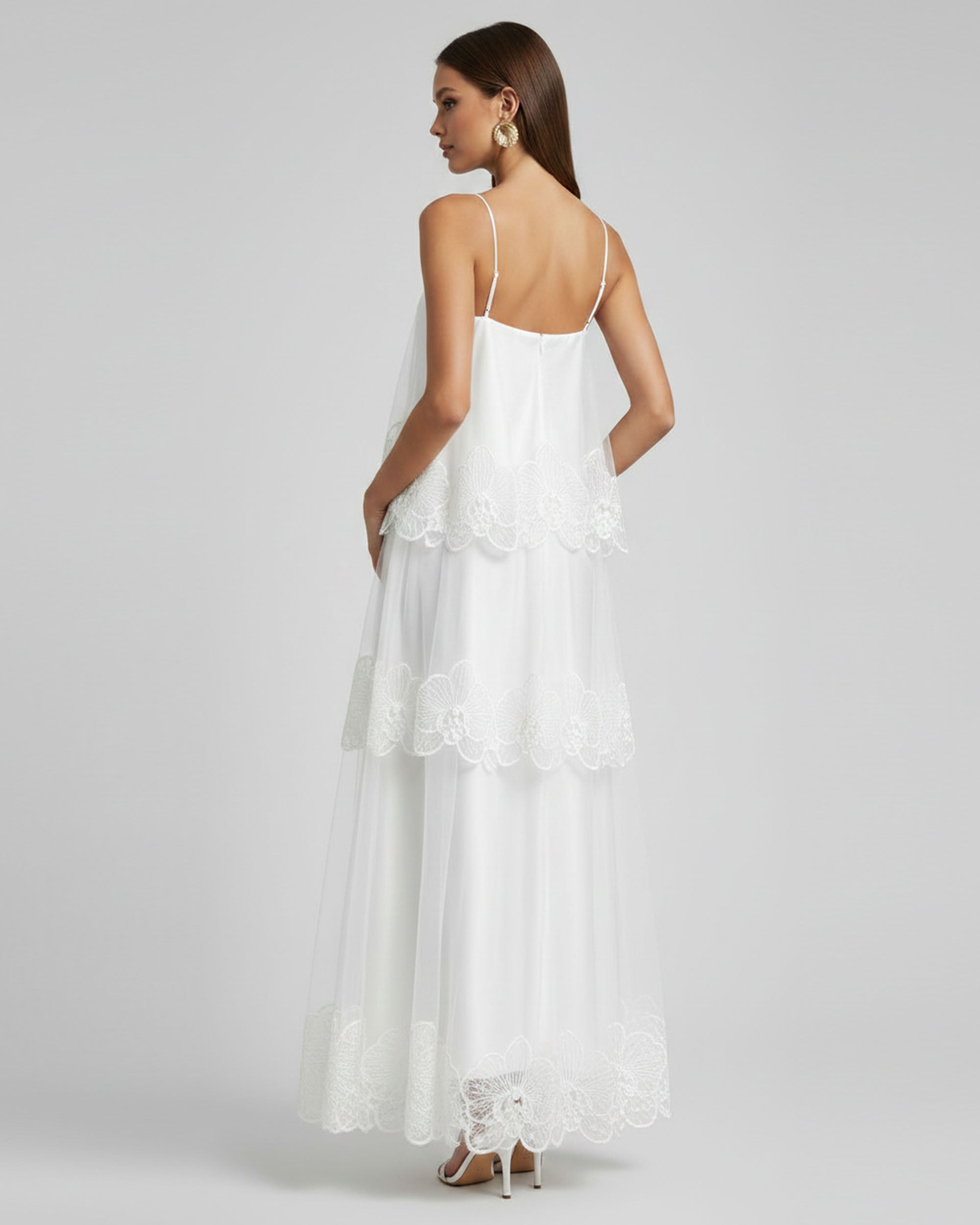 Orchid Embroidered Tiered Tulle Maxi Dress - White