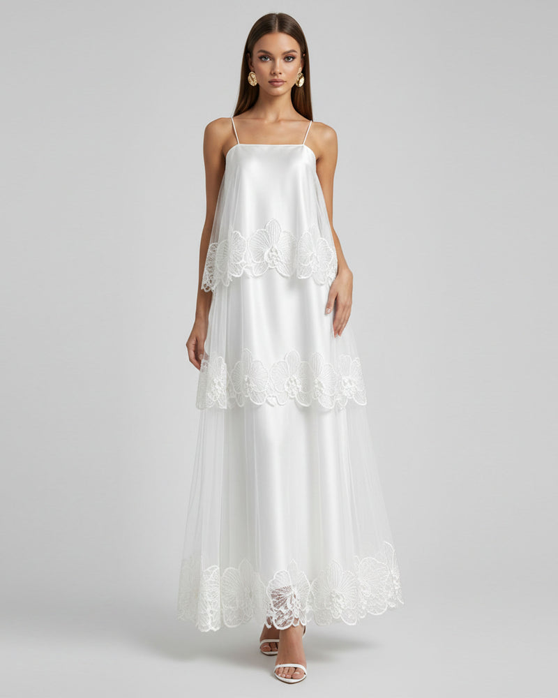 Orchid Embroidered Tiered Tulle Maxi Dress - White
