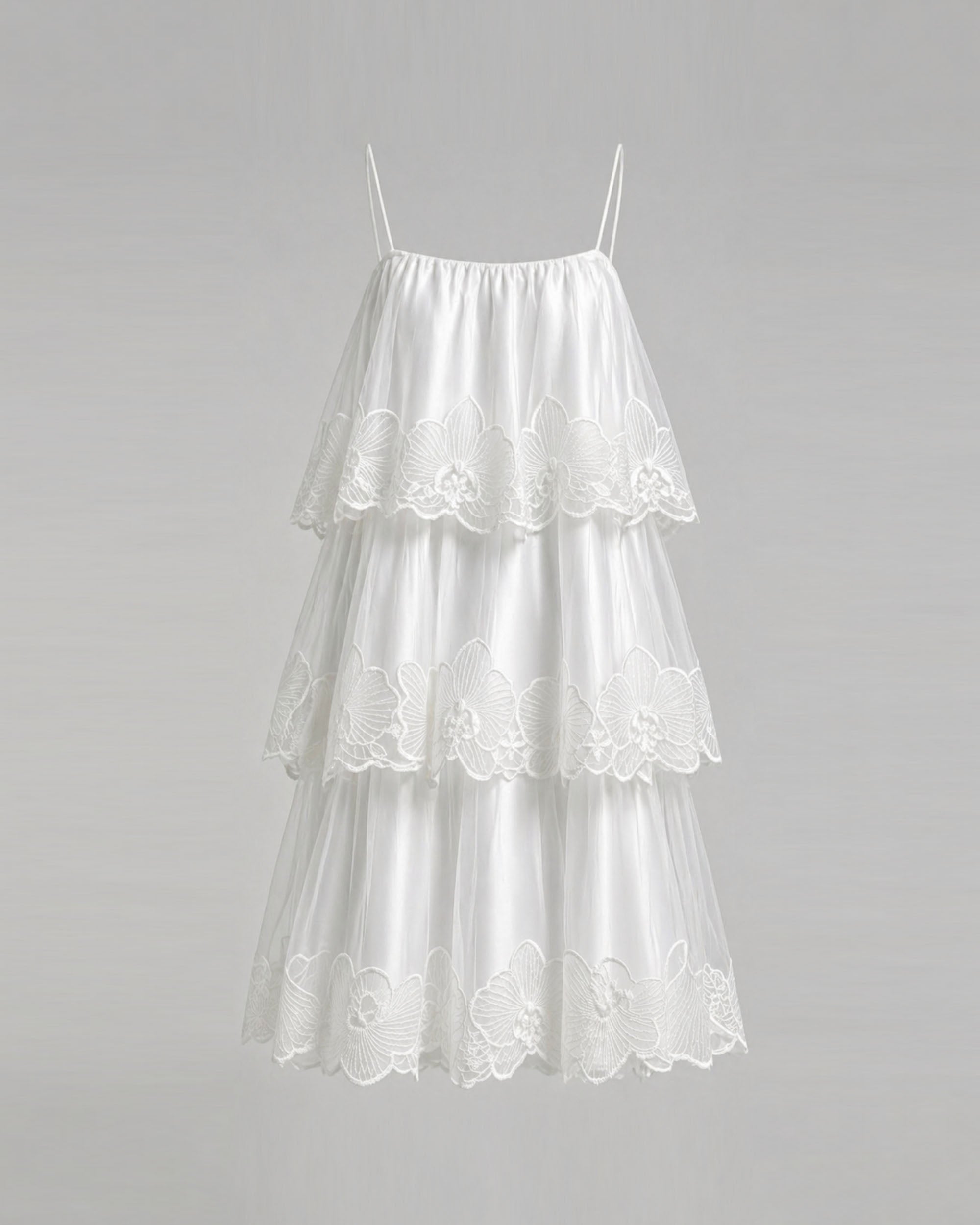 Orchid Embroidered Tiered Tulle Midi Dress - White