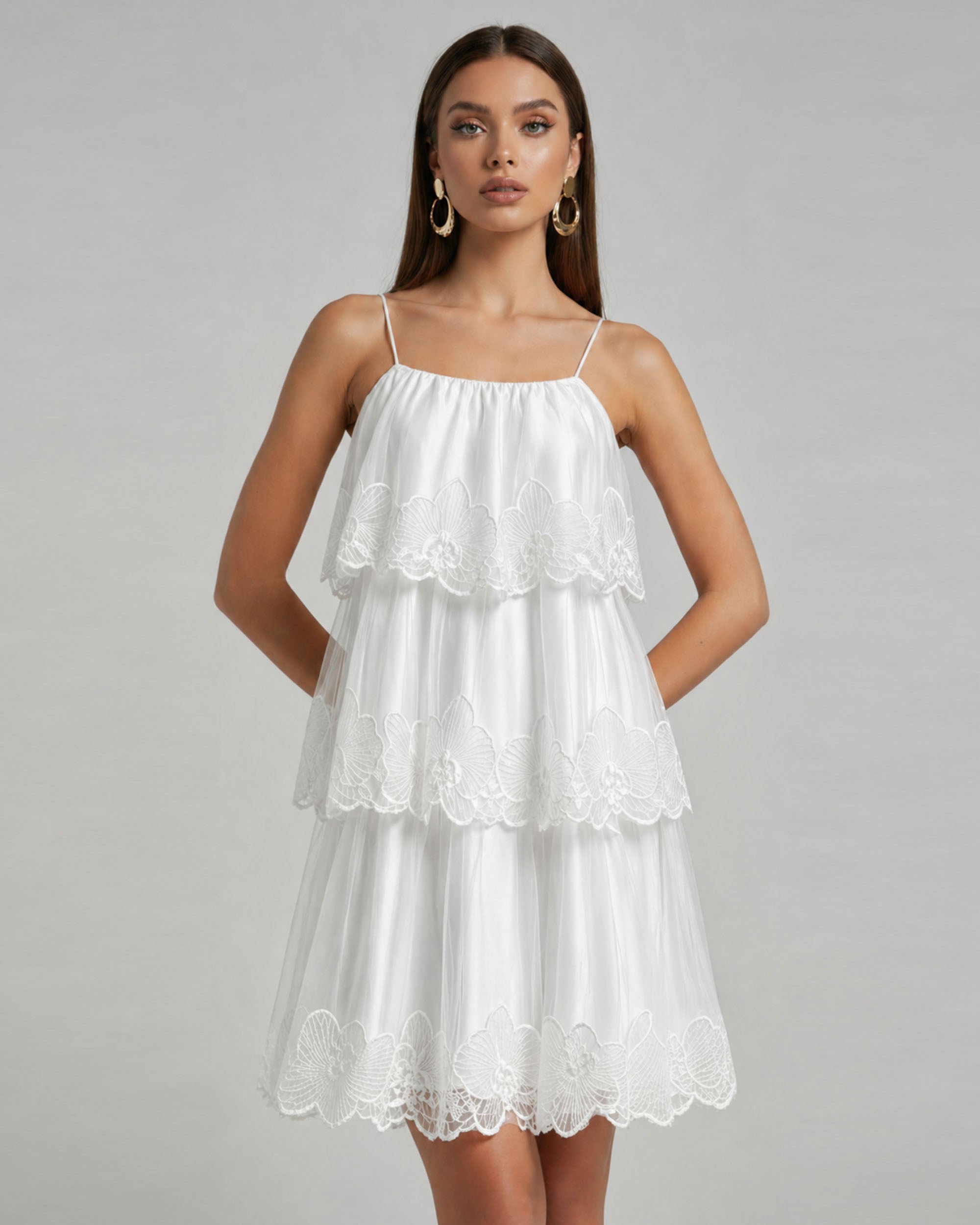 Orchid Embroidered Tiered Tulle Midi Dress - White