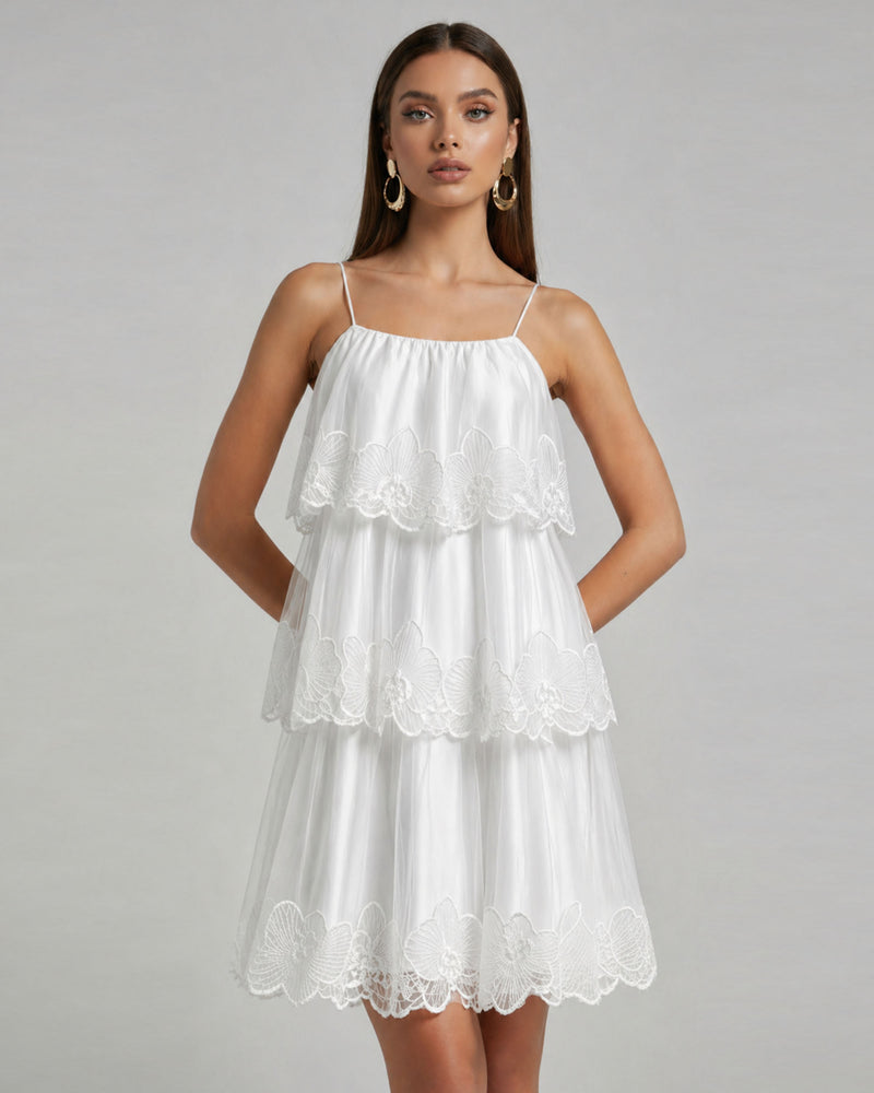 Orchid Embroidered Tiered Tulle Midi Dress - White