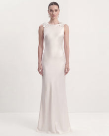 Floral Appliqué Keyhole Back Maxi Dress - White