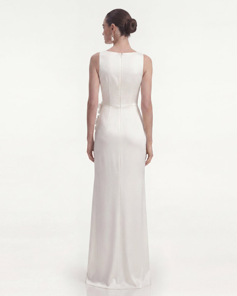 Floral Appliqué Side Slit Maxi Dress - White