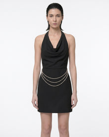 Crystal Chain Backless Halter Mini Dress - Black