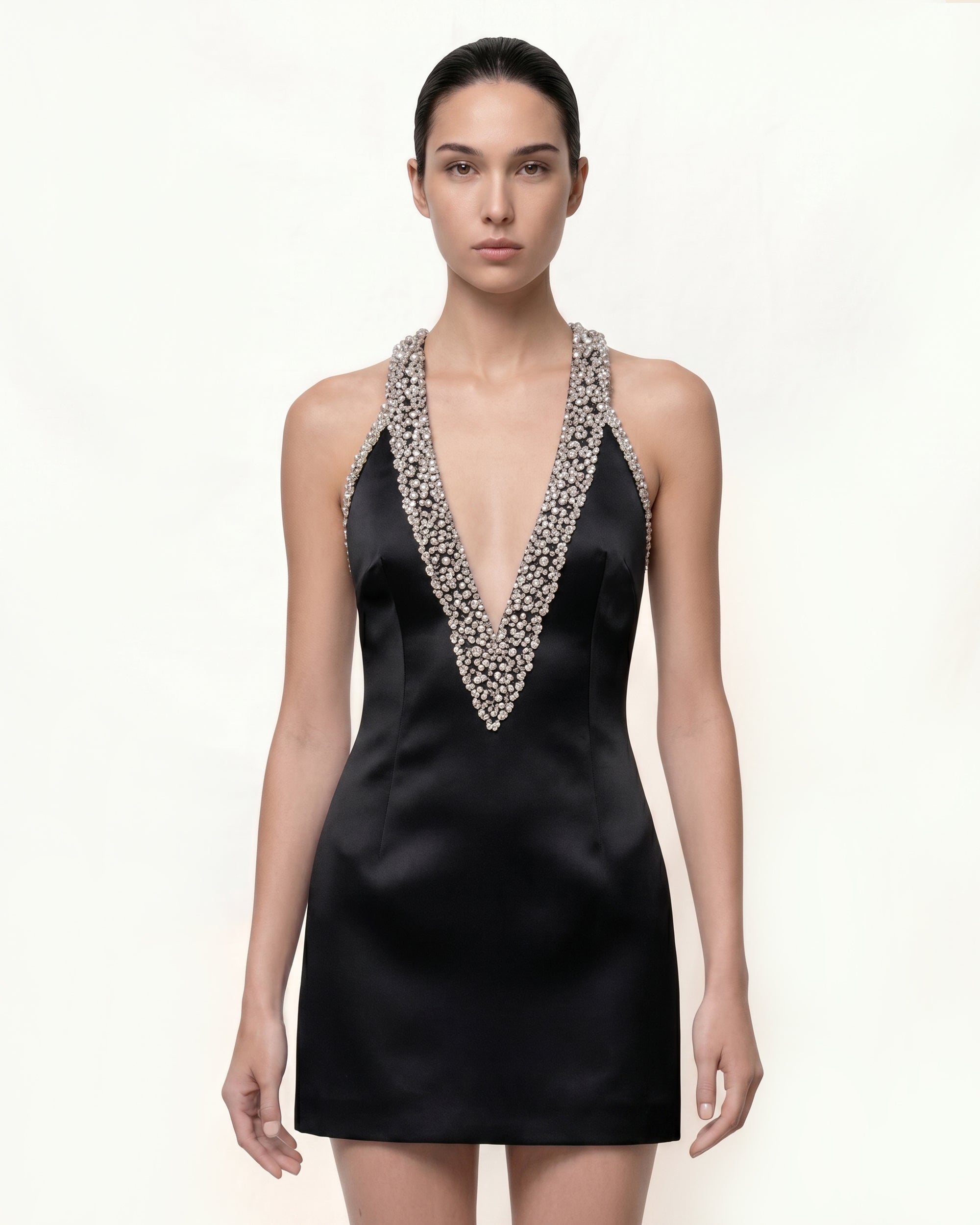 Plunge Beaded Halter Mini Dress - Black
