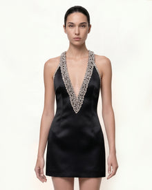Plunge Beaded Halter Mini Dress - Black