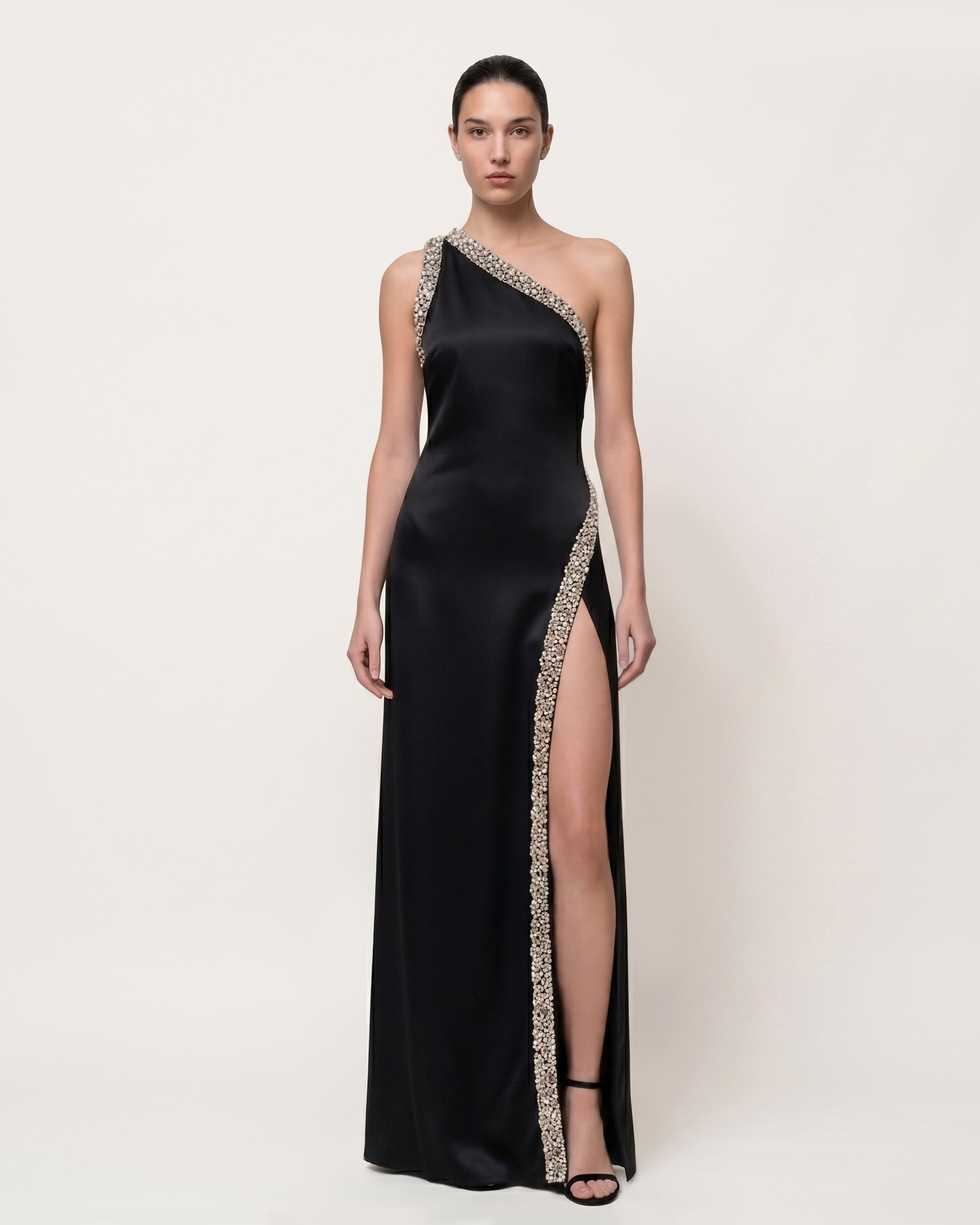 Crystal Trim One Shoulder Slit Maxi Dress - Black