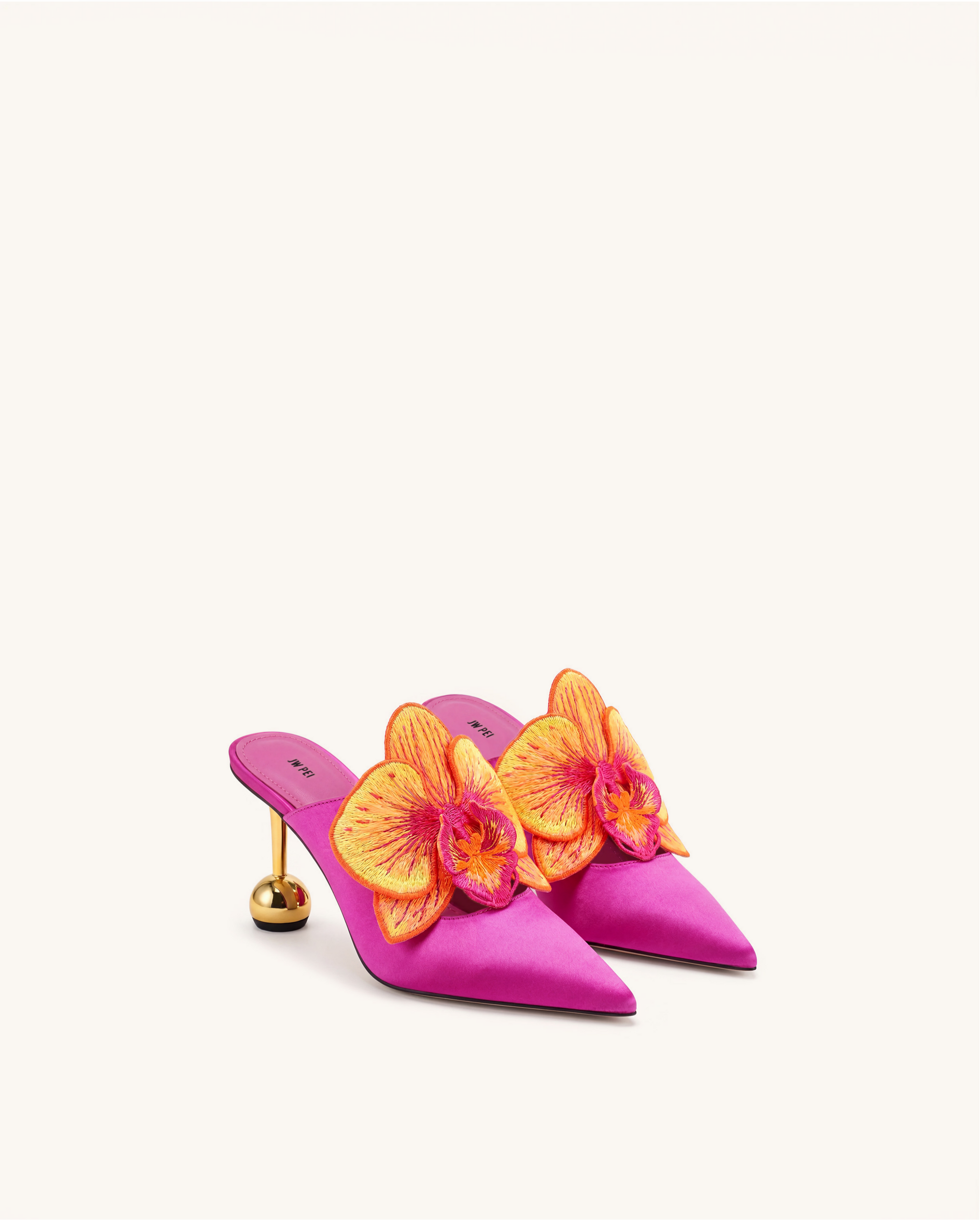 Sofia Orchid Sphere Heel Satin Mules - Rose Red