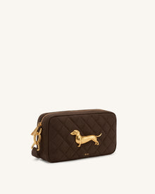 Riley Faux Suede Dachshund Quilted Shoulder Bag - Dark Brown