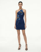 Iris Embroidered Halter Mini Dress - Navy Blue