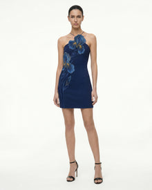 Iris Embroidered Halter Mini Dress - Navy Blue