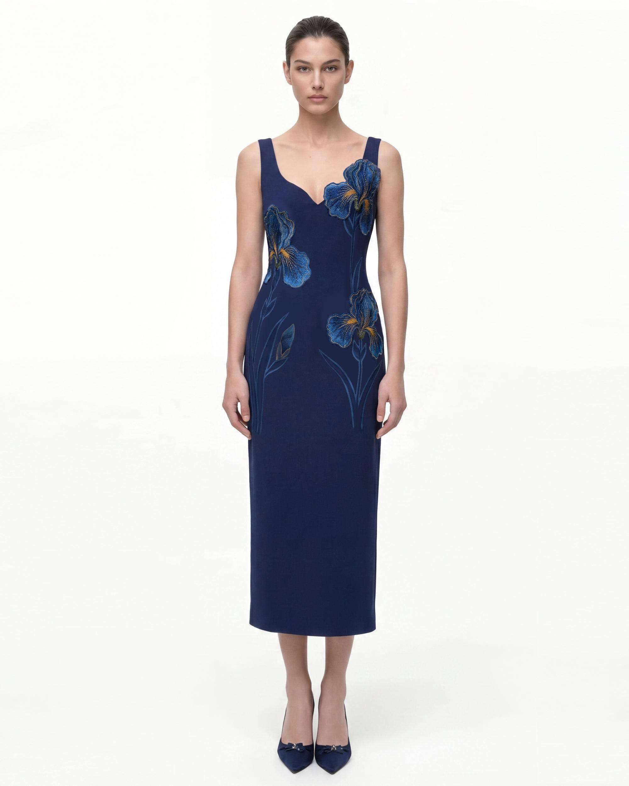 Iris Embroidered Wide Strap Midi Dress - Navy Blue