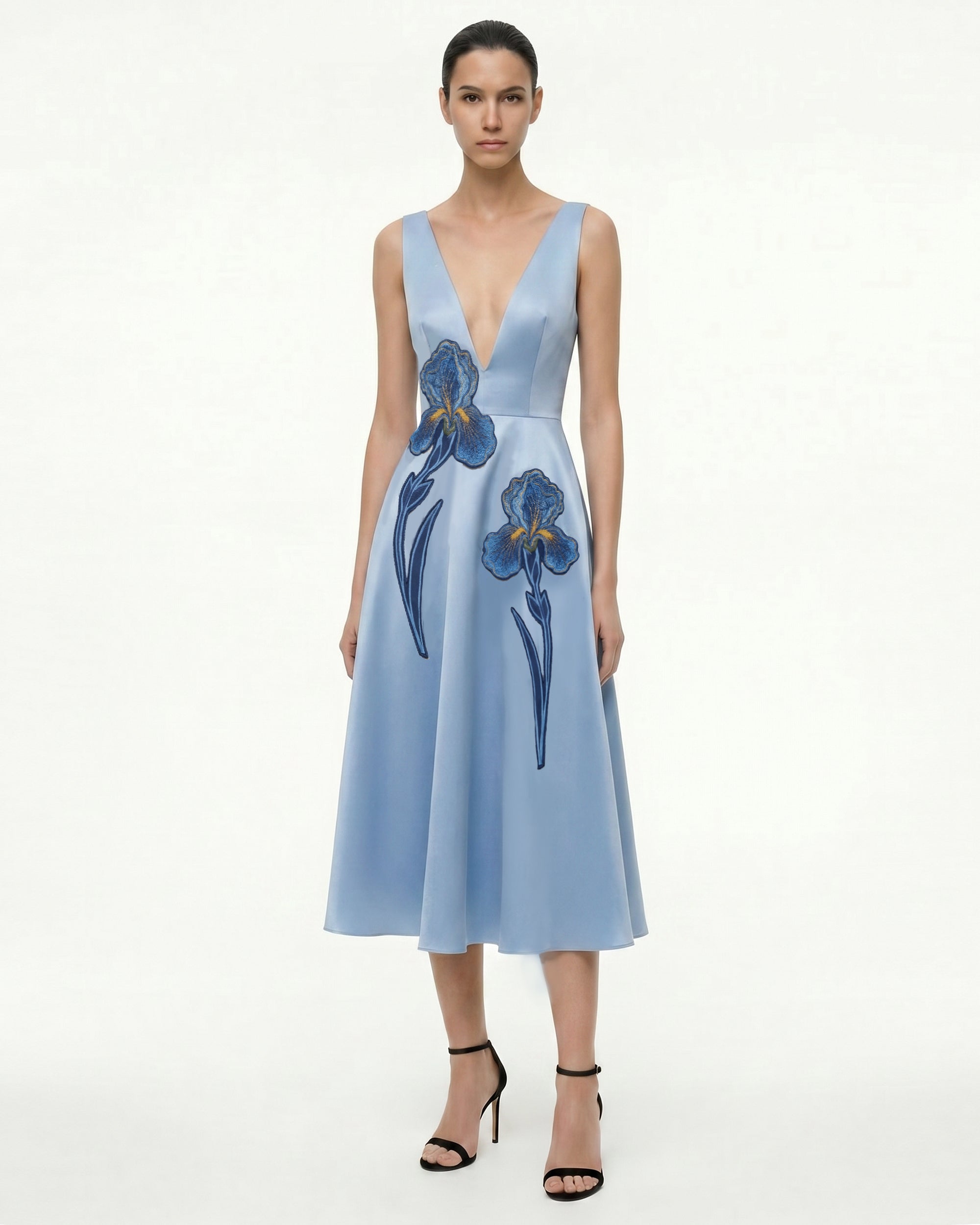 Iris Embroidered Deep V A-Line Midi Dress - Light Blue