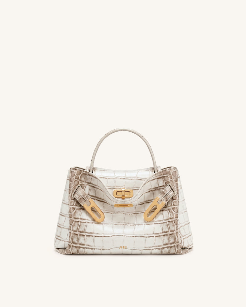 Rhea Small Double Buckle Shoulder Bag - White Croc