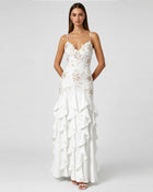 Floral Appliqué Ruffle Maxi Dress - White
