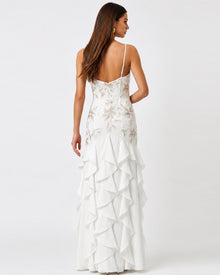 Floral Appliqué Ruffle Maxi Dress - White