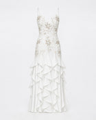 Floral Appliqué Ruffle Maxi Dress - White