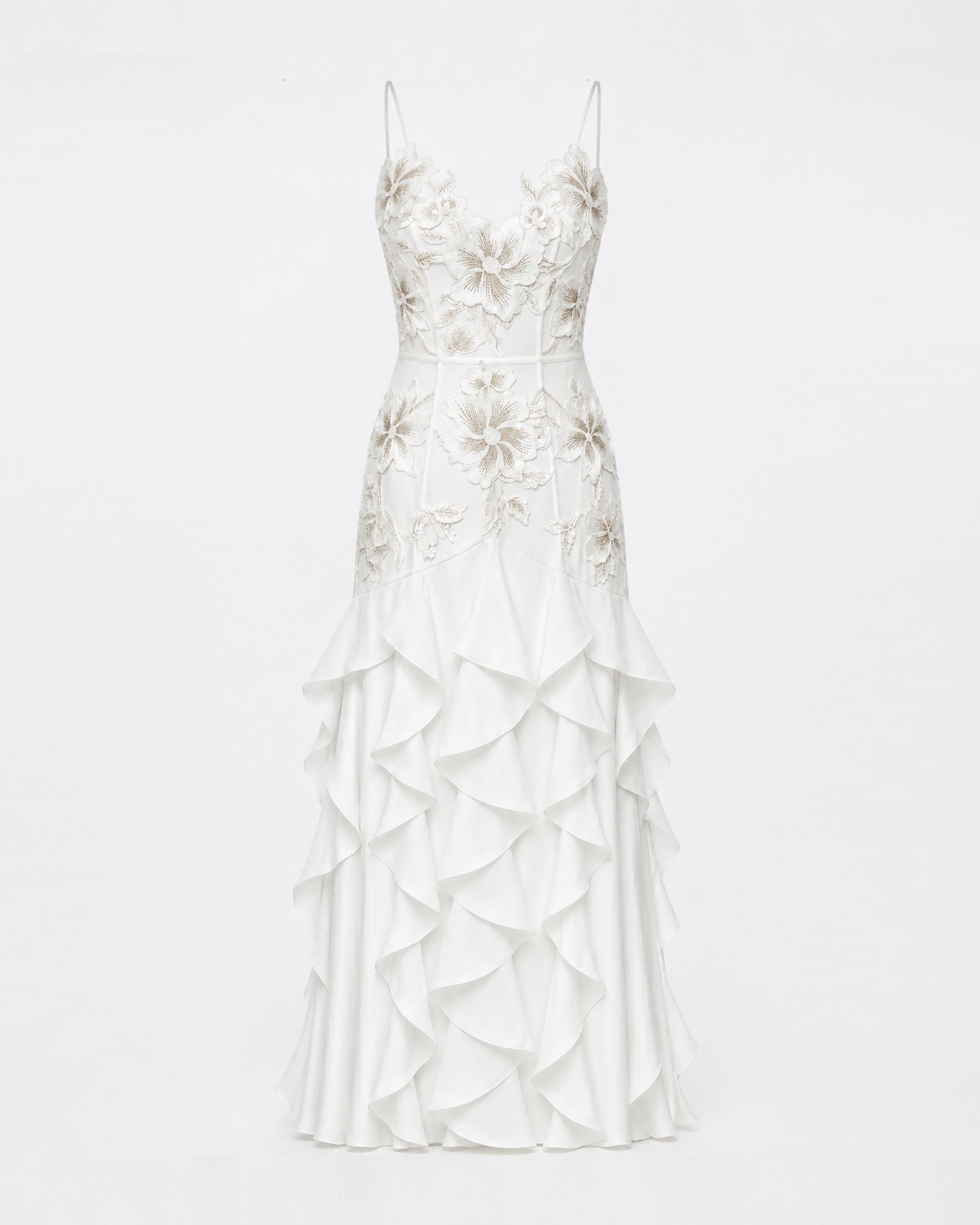 Floral Appliqué Ruffle Maxi Dress - White