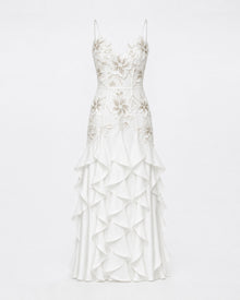 Floral Appliqué Ruffle Maxi Dress - White