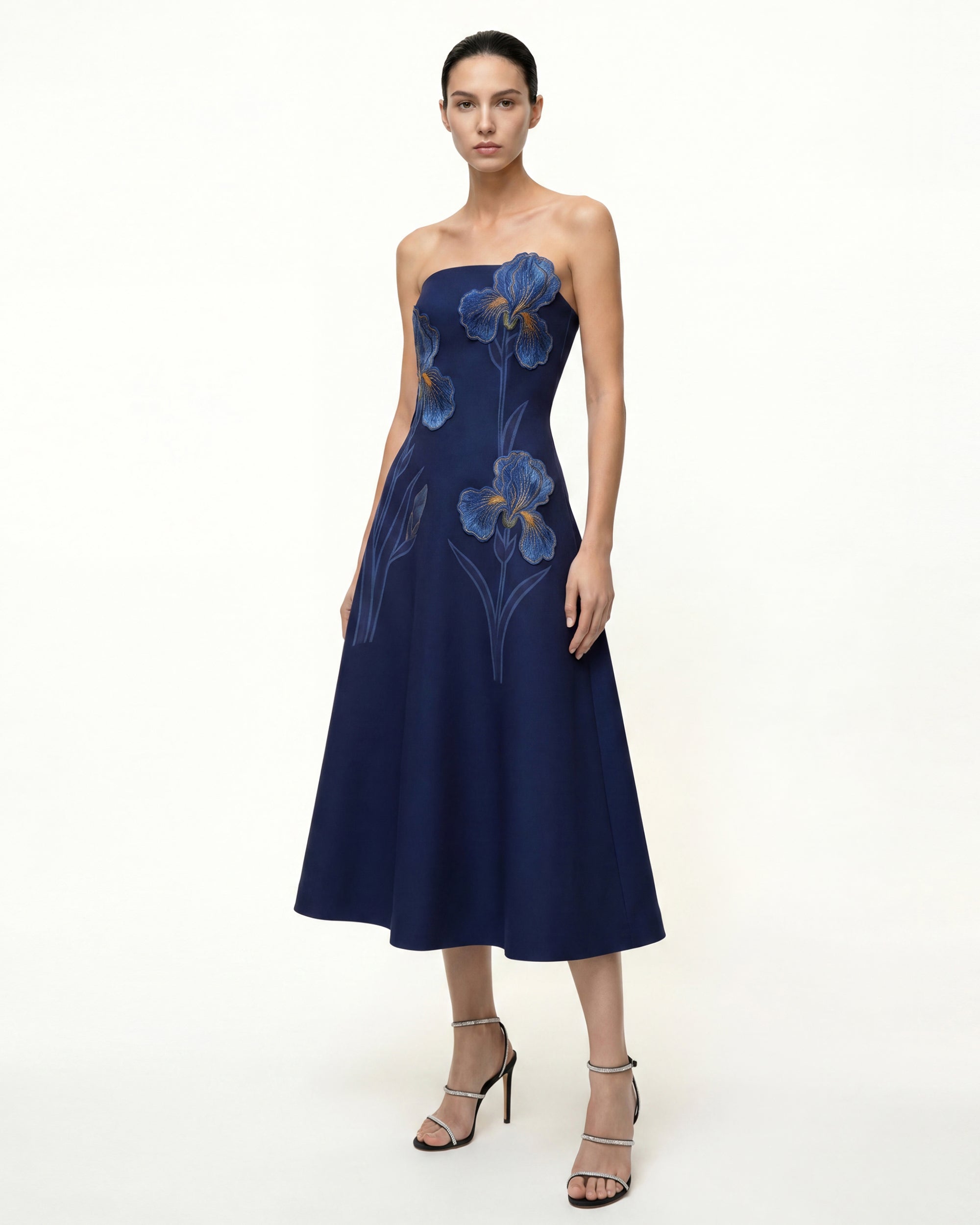 Iris Embroidered Structured Strapless Midi Dress - Navy Blue