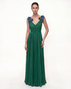 Iris Embroidered Pleated V-Neck Maxi Dress - Emerald Green