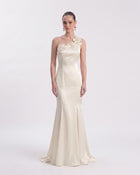 Floral Appliqué Asymmetric Open Back Maxi Dress - Ivory