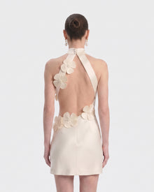 Floral Appliqué Halter Cutout Mini Dress - Ivory