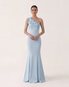 Floral Appliqué One Shoulder Ruffle Maxi Dress - Light Blue