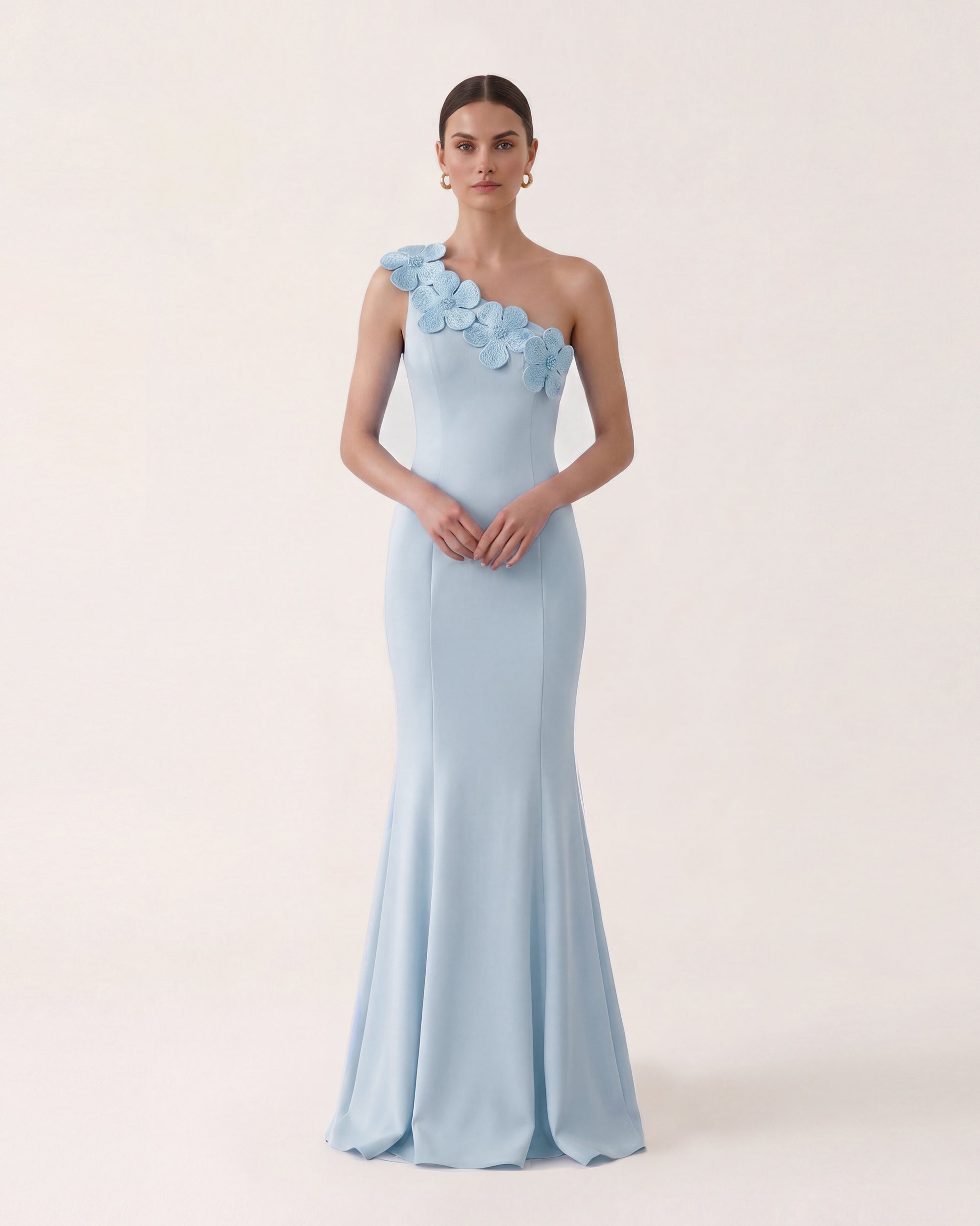 Floral Appliqué One Shoulder Ruffle Maxi Dress - Light Blue