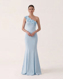 Floral Appliqué One Shoulder Ruffle Maxi Dress - Light Blue