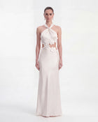 Floral Appliqué Halter Cutout Maxi Dress - White