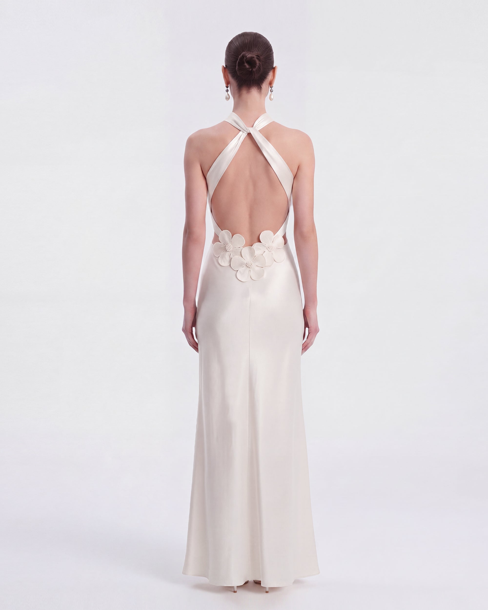 Floral Appliqué Halter Cutout Maxi Dress - White