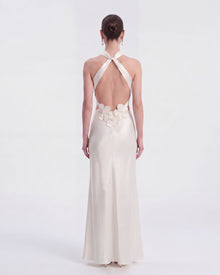 Floral Appliqué Halter Cutout Maxi Dress - White