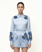 Iris Embroidered Collared Long Sleeve Shirt - Light Blue