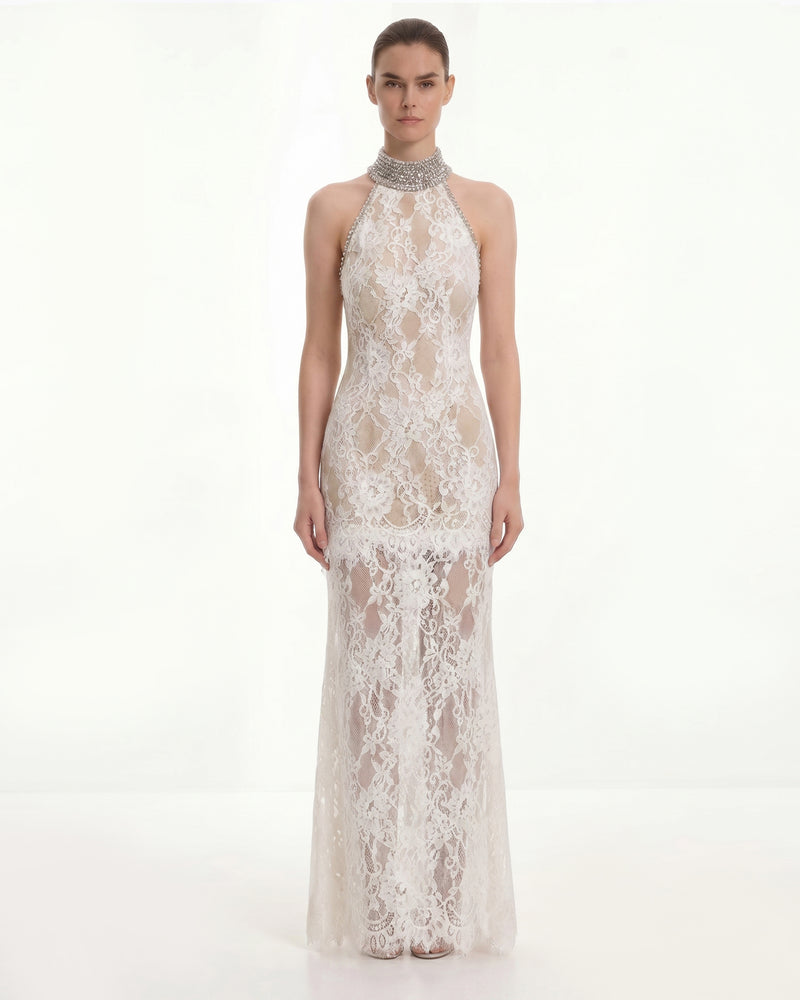 Jeweled Lace Halter Dress - White