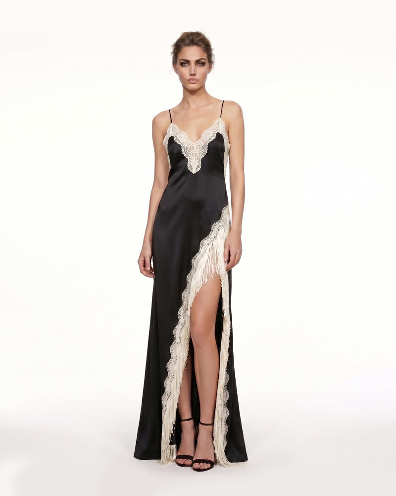 Lace Trim Fringe Slit Satin Maxi Dress - Black