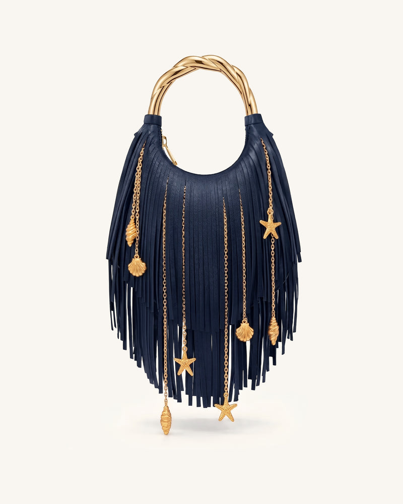 Chloe Metal Handle Fringe Top Handbag - Navy Blue
