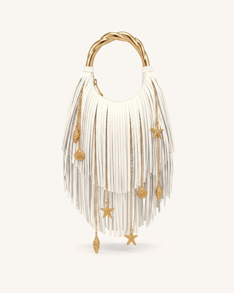 Chloe Metal Handle Fringe Top Handbag - Off White
