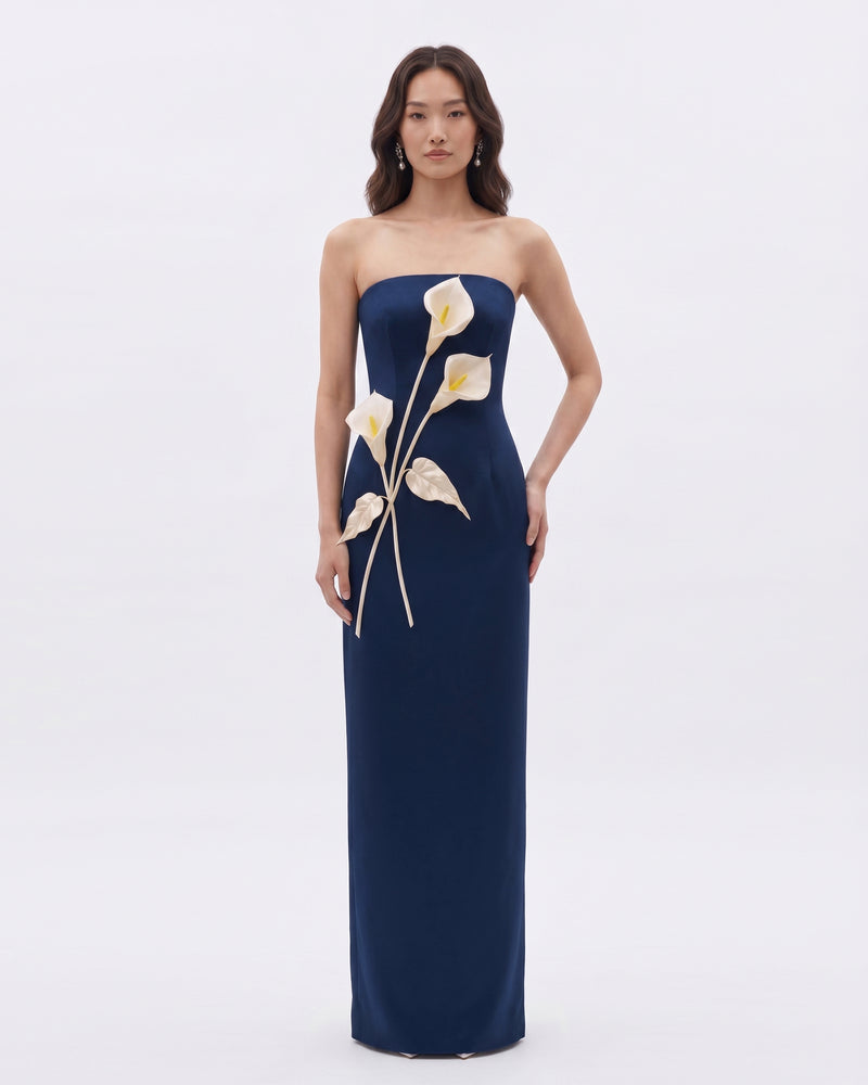 Floral Appliqué Strapless Dress - Navy Blue