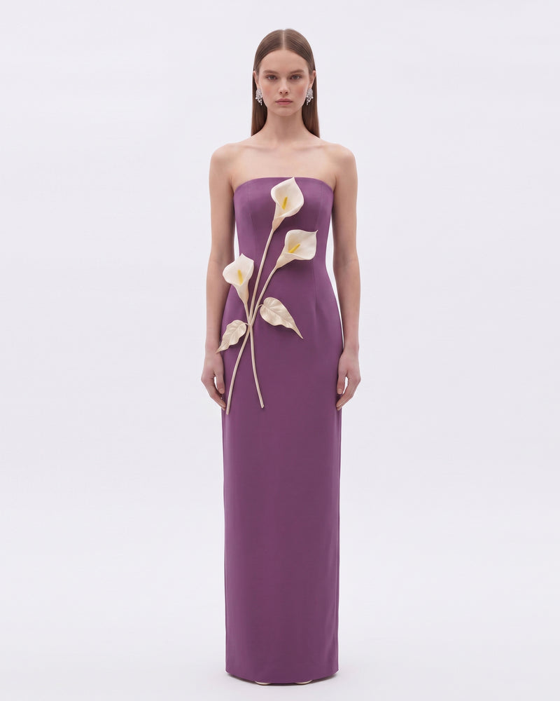 Floral Appliqué Strapless Dress - Plum