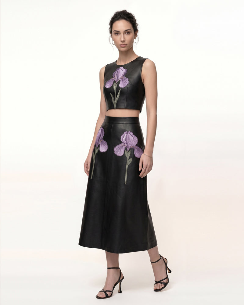 Iris Floral-Print Cropped Leather Top - Black