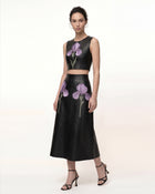 Iris Floral-Print A-Line Leather Midi Skirt - Black