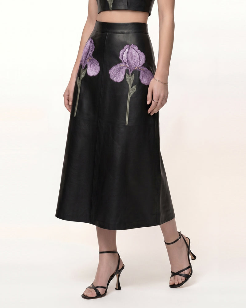 Iris Floral-Print A-Line Leather Midi Skirt - Black