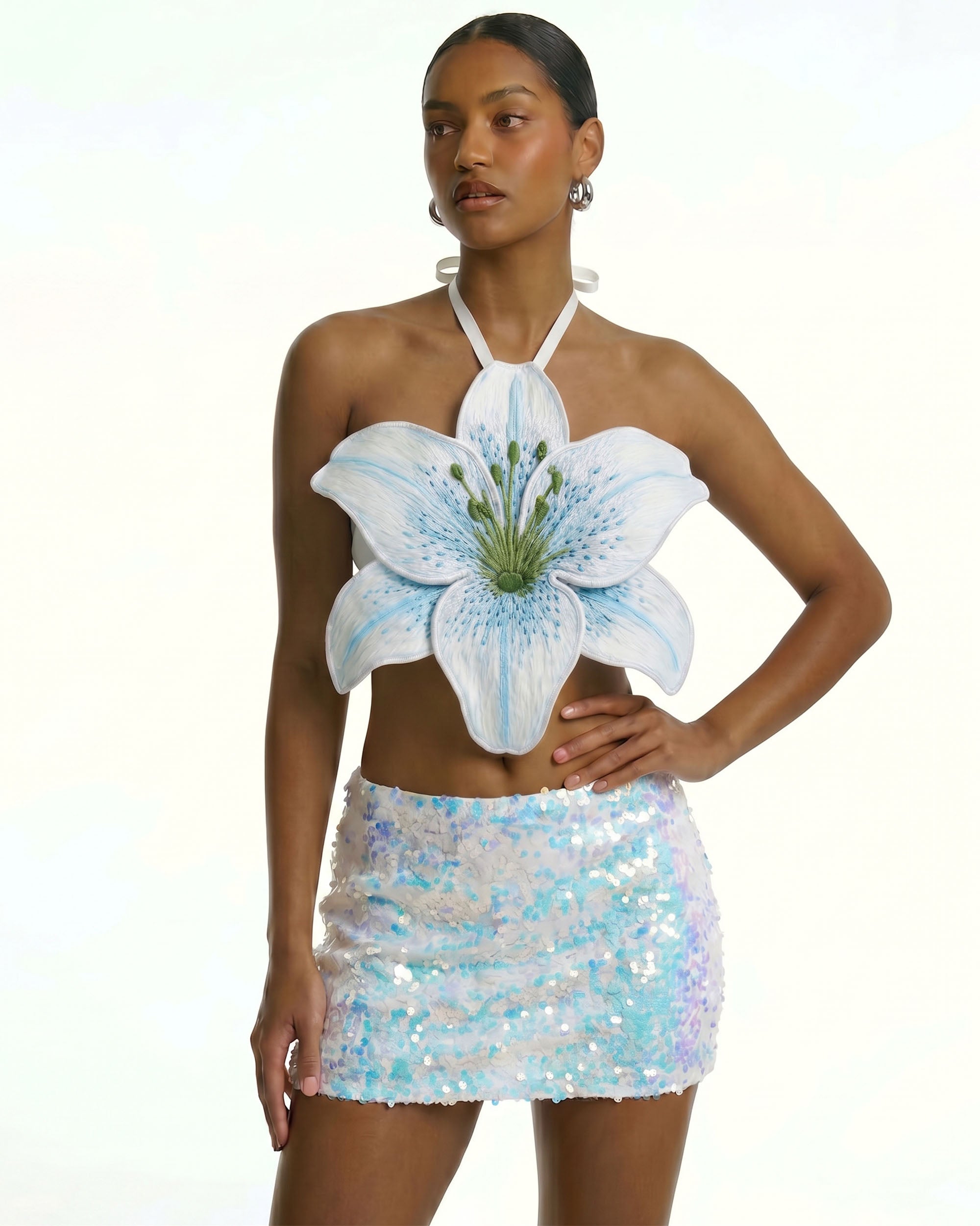 3D Lily Halter Crop Top - White Blue