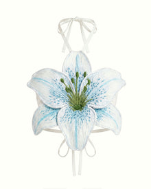 3D Lily Halter Crop Top - White Blue