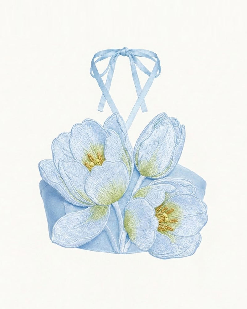 3D Floral Appliqué Halter Crop Top - Blue