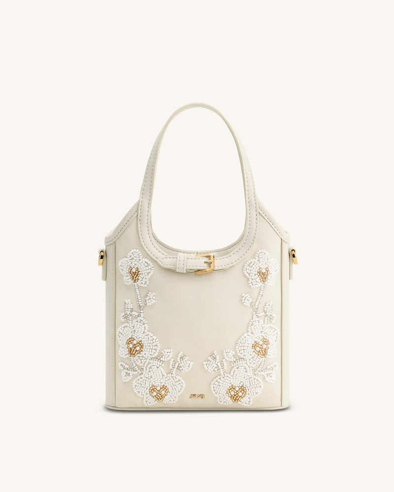 Brooke Mini Belted Embellished Orchid Beaded Top Handle Bag - Ivory