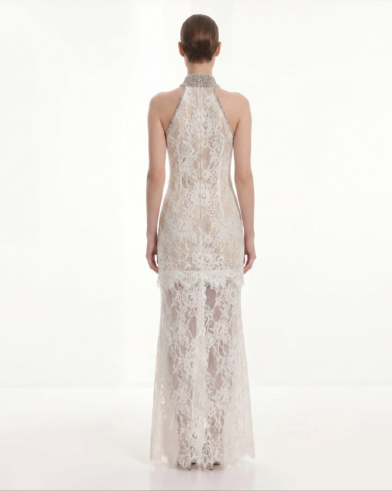 Jeweled Lace Halter Dress - White