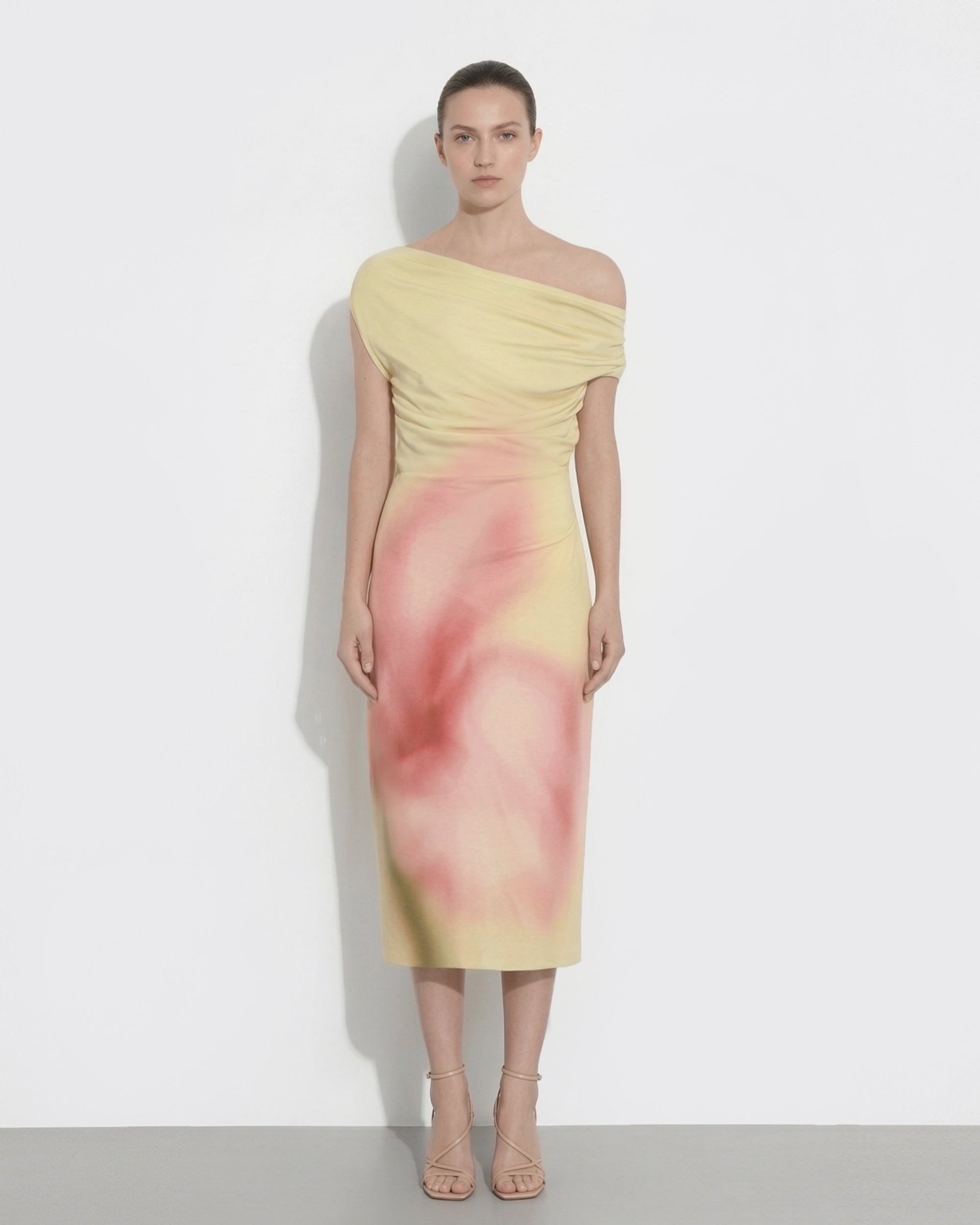 Watercolor Floral Print One-Shoulder Asymmetric Midi Dress - Yellow