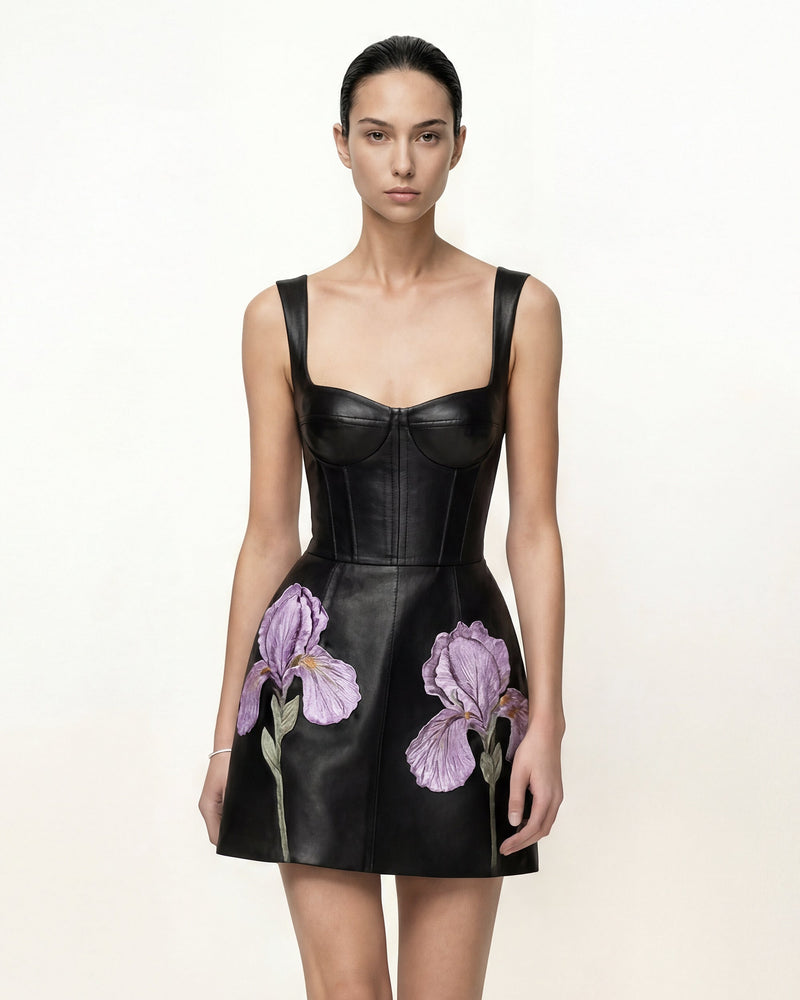 Iris Floral Print Corset Dress - Black